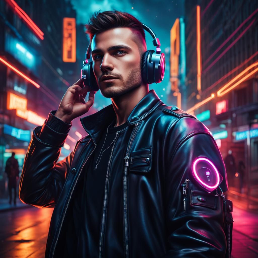 very handsome guy in a leather jacket with headphones around his neck, hacker, sci-fi, fantasy, night, street, lights, n...