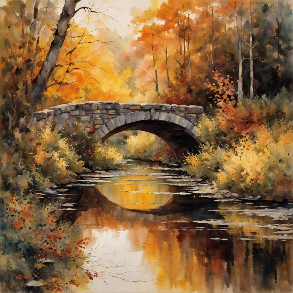 Autumn River: Stone Bridge in Watercolor Style
