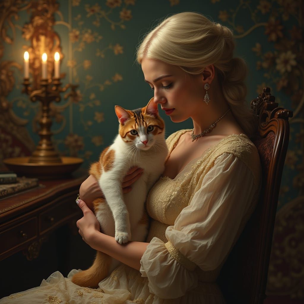 Elegant Woman Tenderly Holds Calico Cat in Opulent Setting