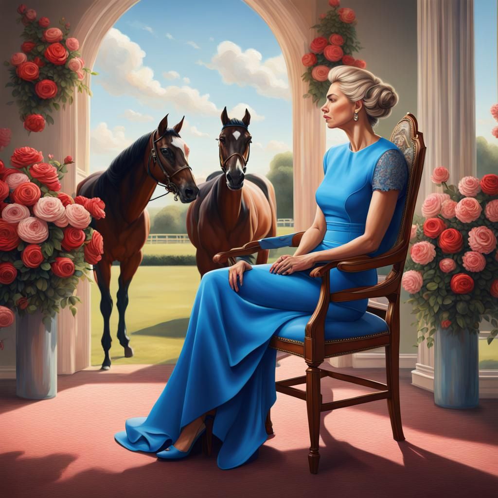 Queen Watching Horses on a Sunny Day: Hyperrealistic Art