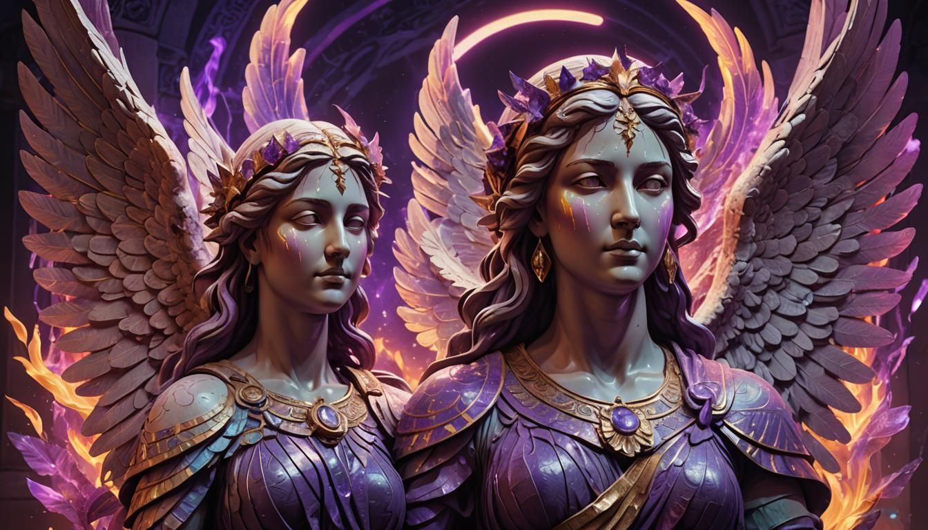 Goddess Statue with Neon Aura in Art Nouveau Style