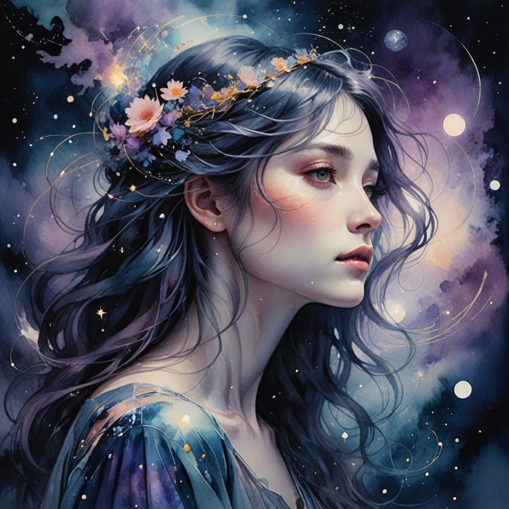 Ethereal Woman Portrait in Celestial Watercolor Style