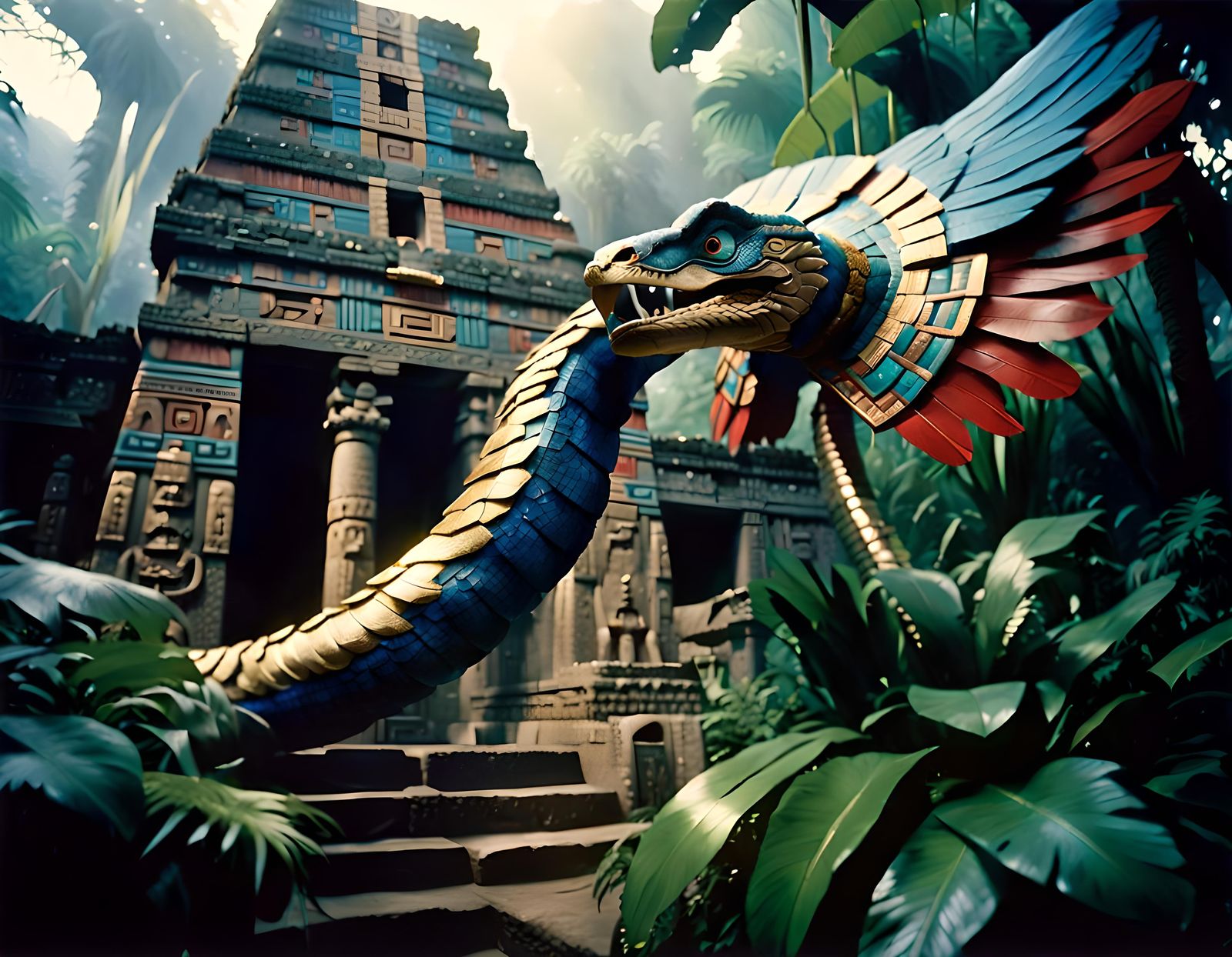 Feathered Serpent Emerges from Aztec Temple