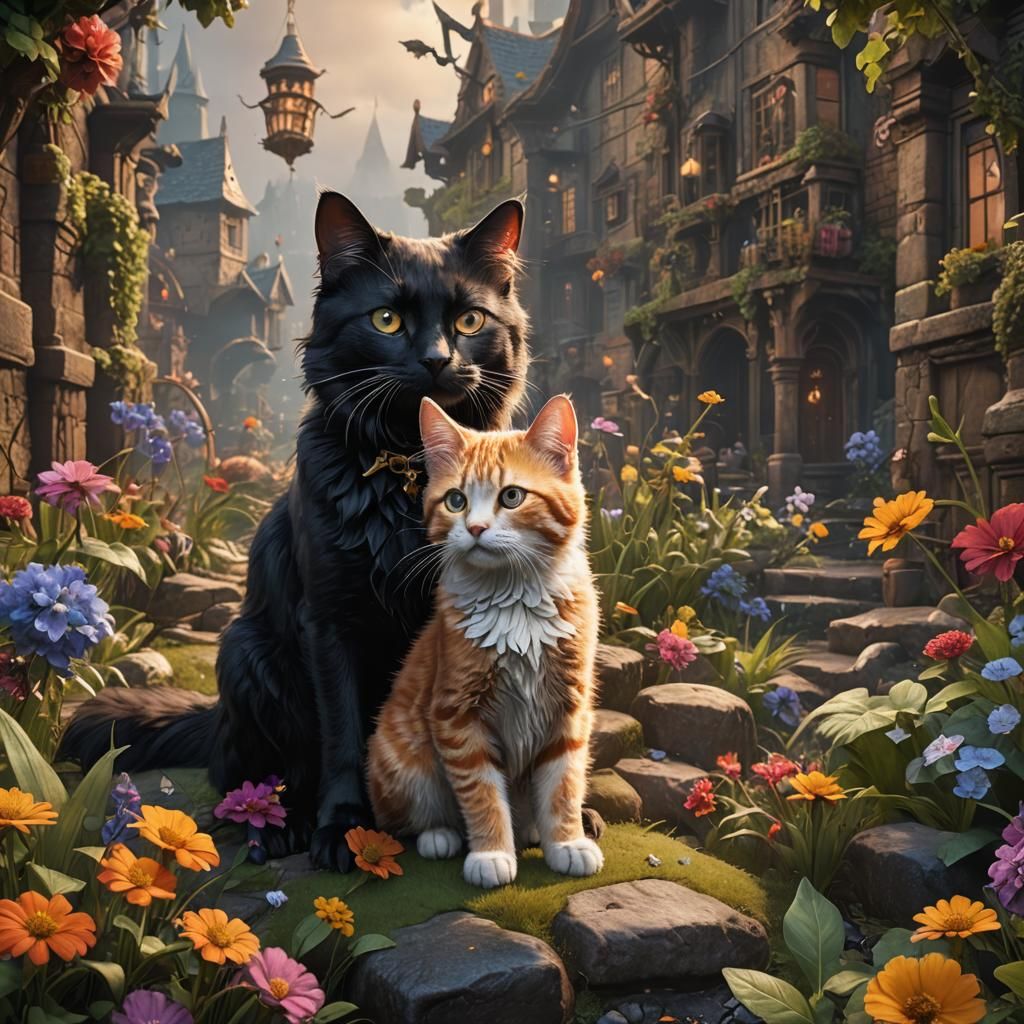 Adorable Cat and Dog Friendship: Matte Painting