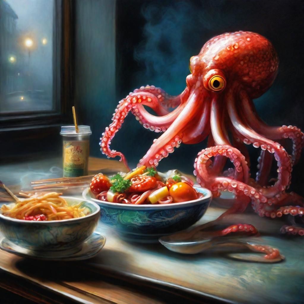 Octopus Eating Chinese Food, Impressionist Style