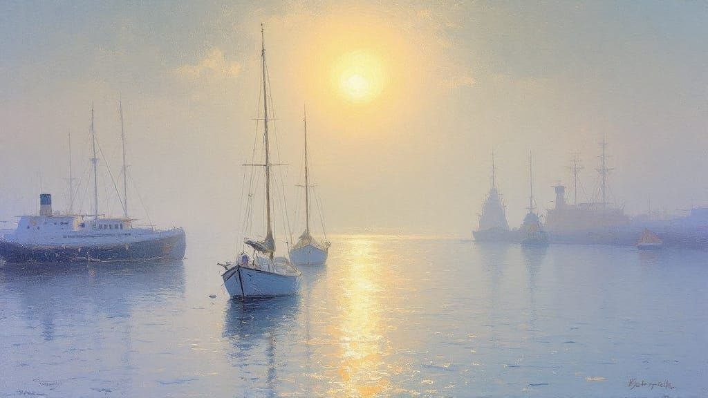 Impressionistic Harbor Scene with Soft Light and Golden Glow