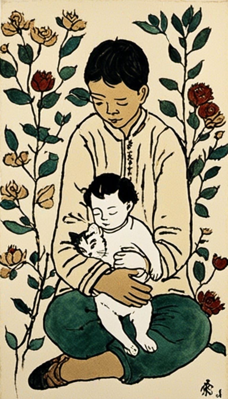Boy Holding Kitten: Dong Ho Folk Art Ink Painting