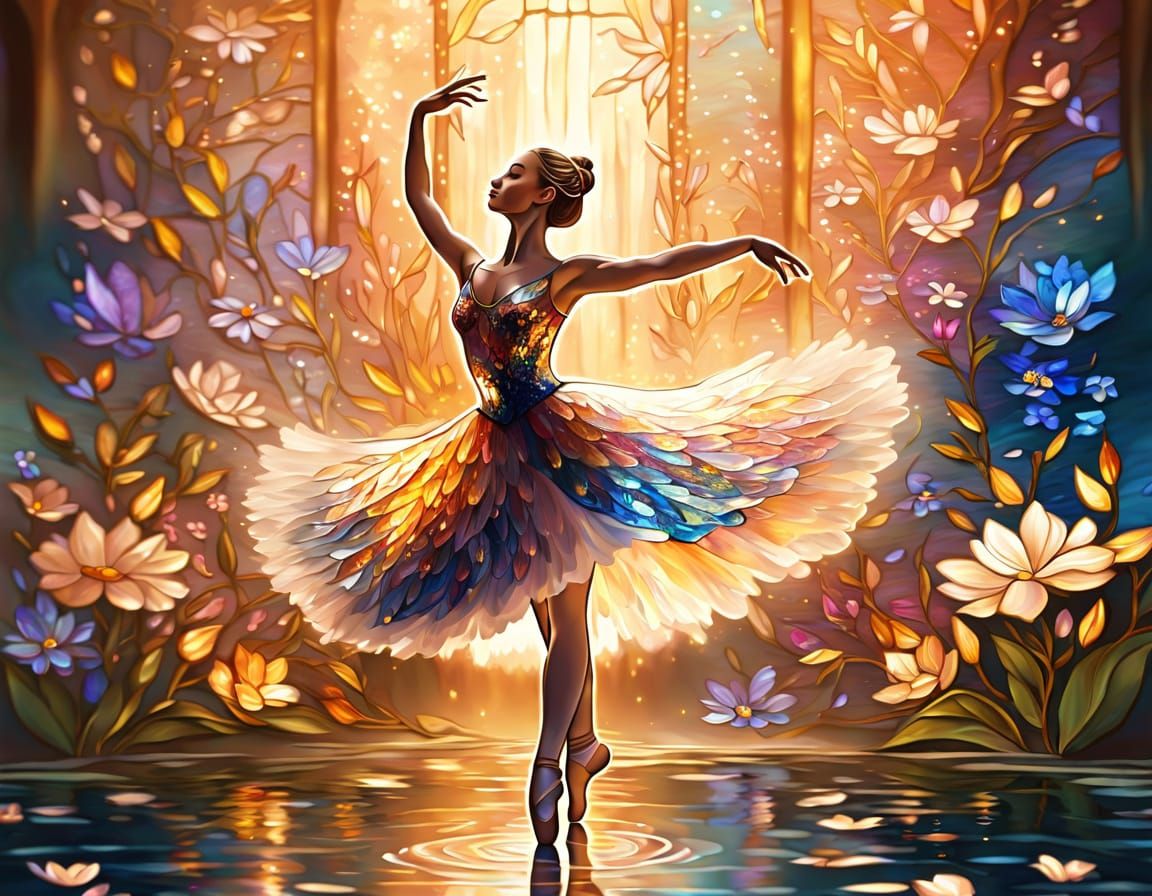 Ethereal Ballet Dancer Dancing Among Flowers in Stained Glas...