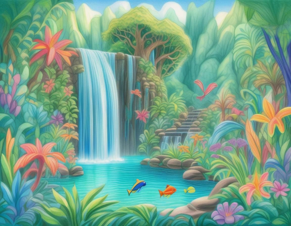 Enchanted Waterfall with Mythical Creatures, Colored Pencil ...