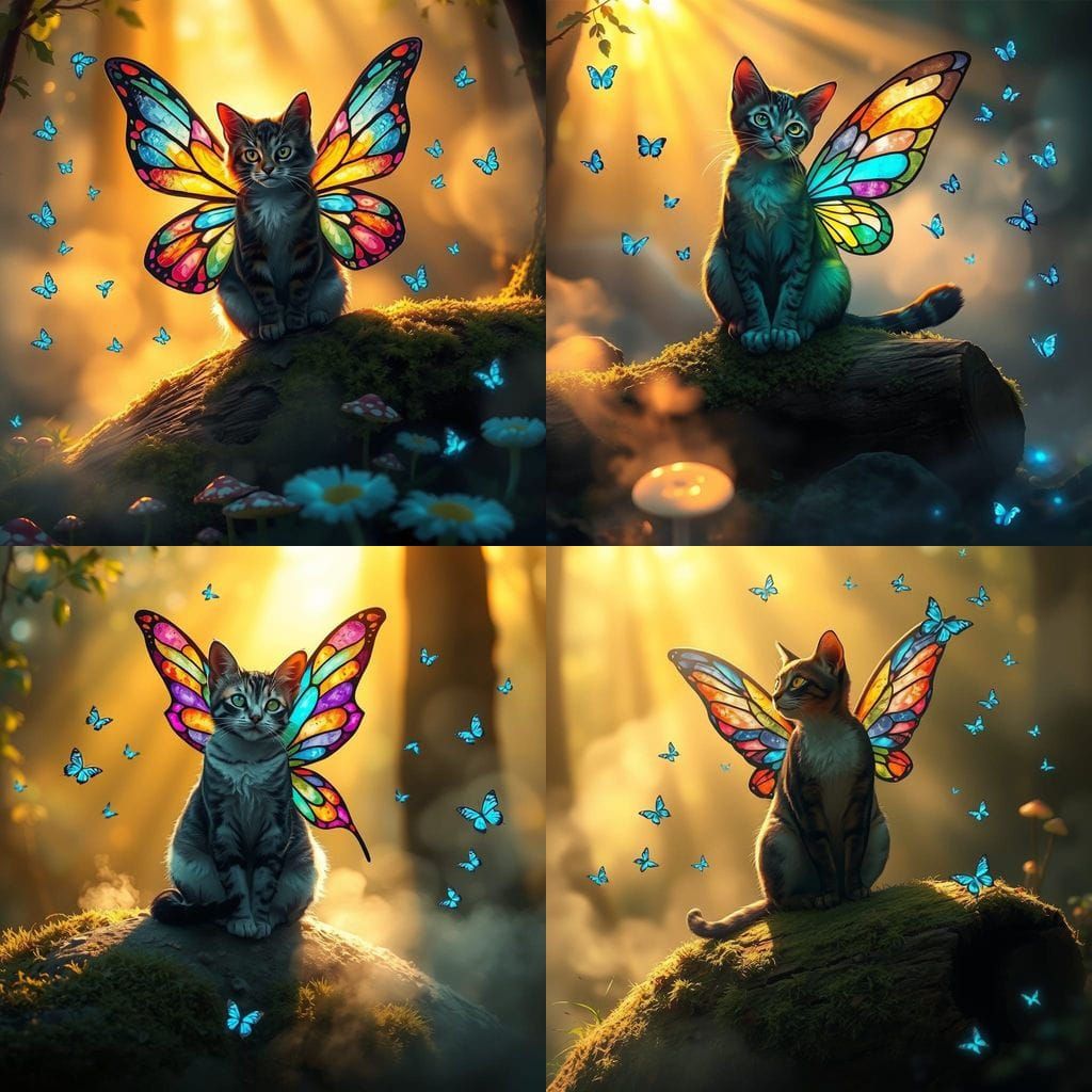 Cat Fairy with Stained Glass Wings in Forest