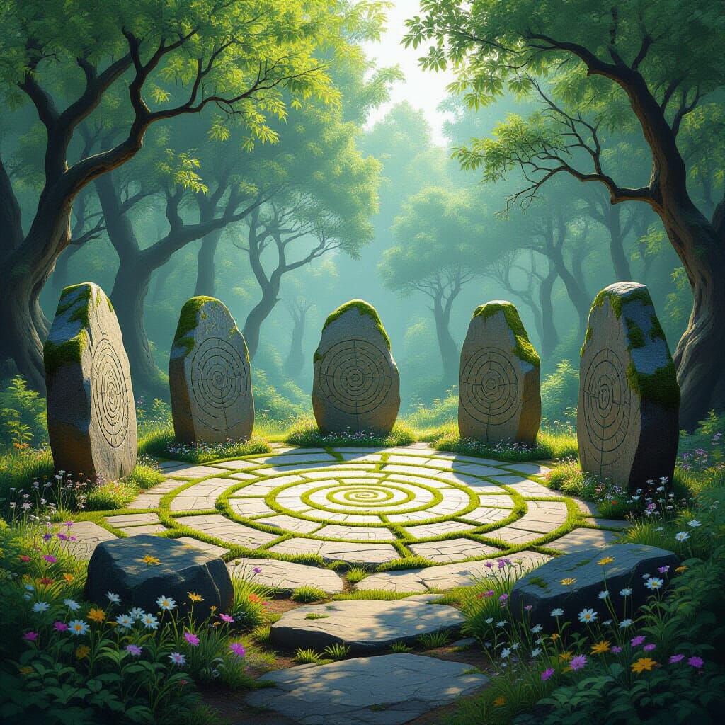 Ancient Stone Circle With Geometric Patterns and Fibonacci W...