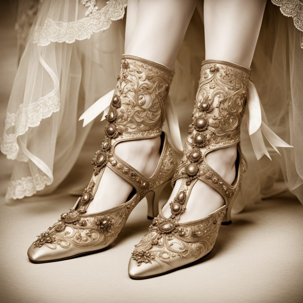 Medieval Bride's Elegant Embroidered Shoes in Gothic Sepia S...