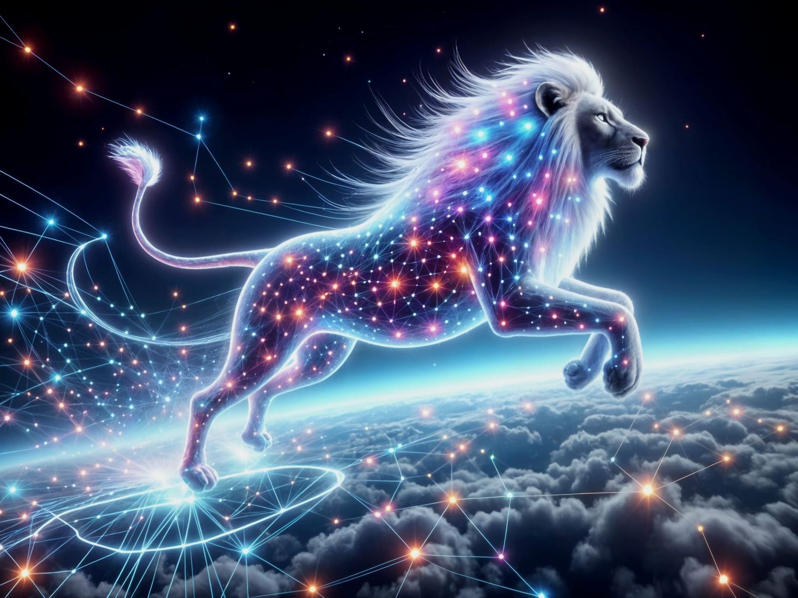 Lion Leaps Through Celestial Fractals in Vibrant Holographic...