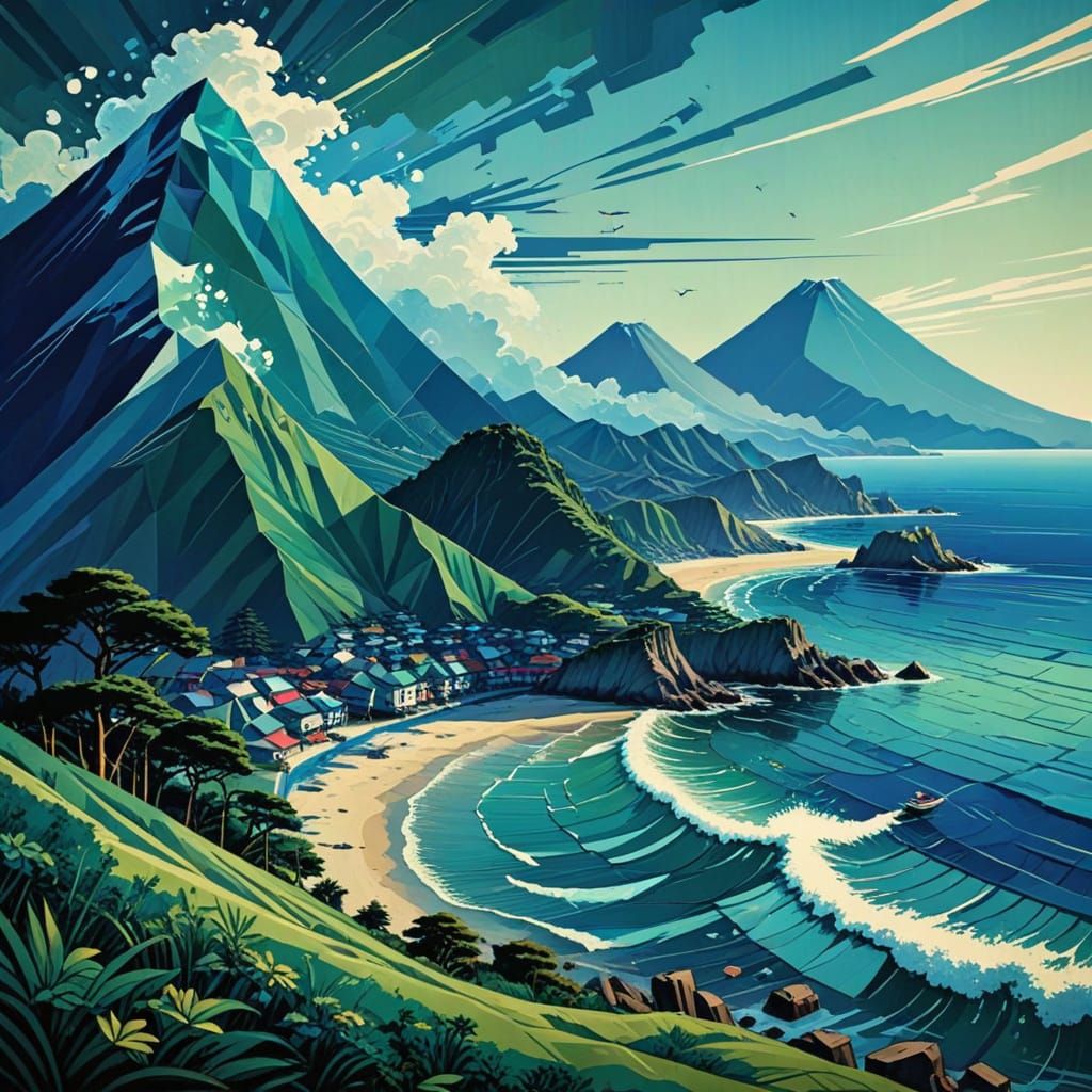 Suruga Bay Abstract Geometric Art in Woodblock Style