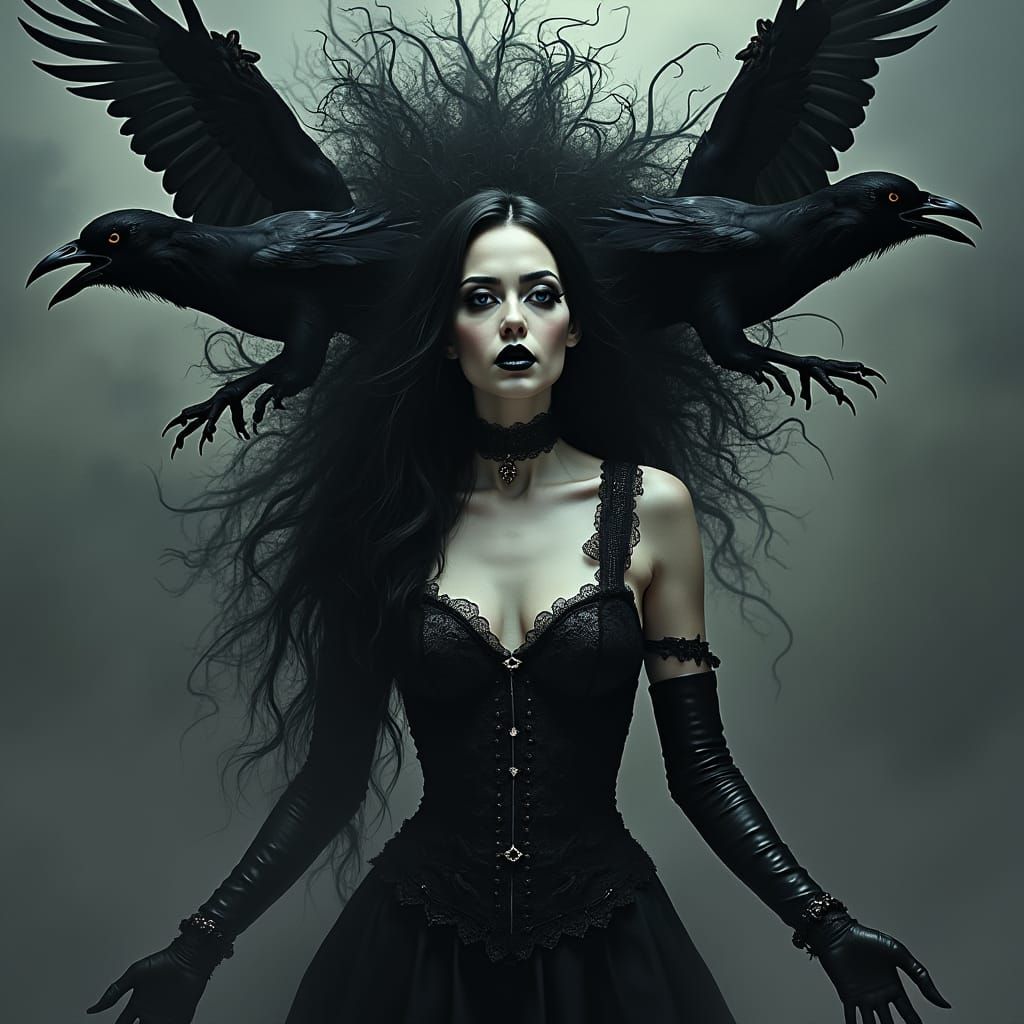 Gothic Woman with Ravens in Fantasy Art Style