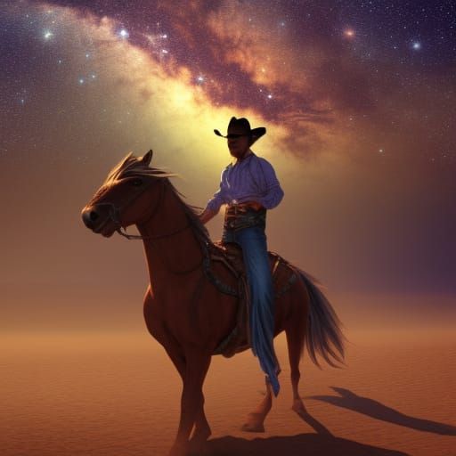 Cowboy Rides Horse Under Milky Way, Anime Style