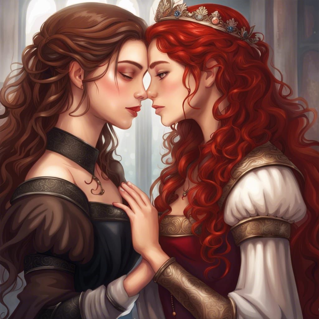 Two girls kissing medieval fantasy princesses