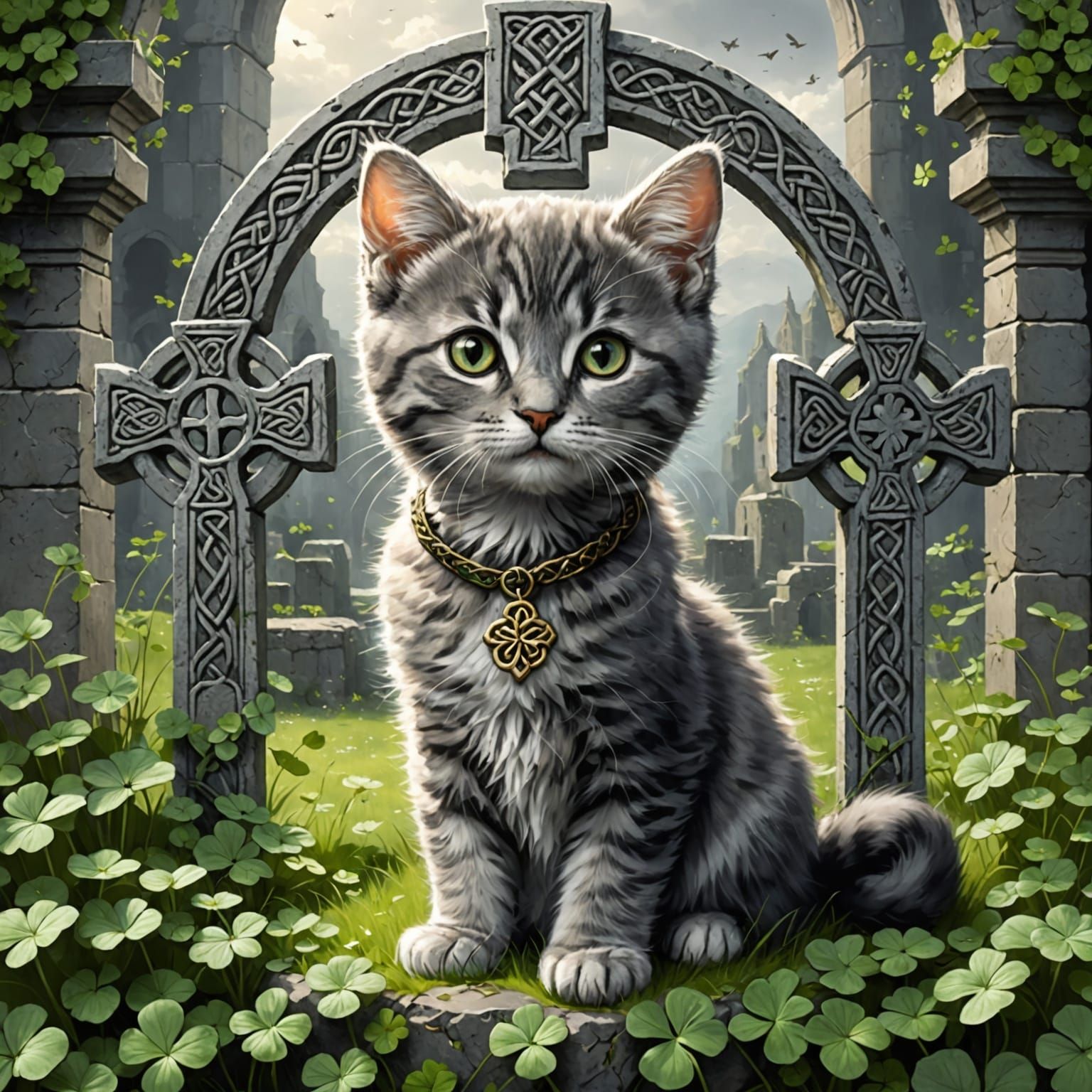 Whimsical Celtic Landscape with Gray Kitten