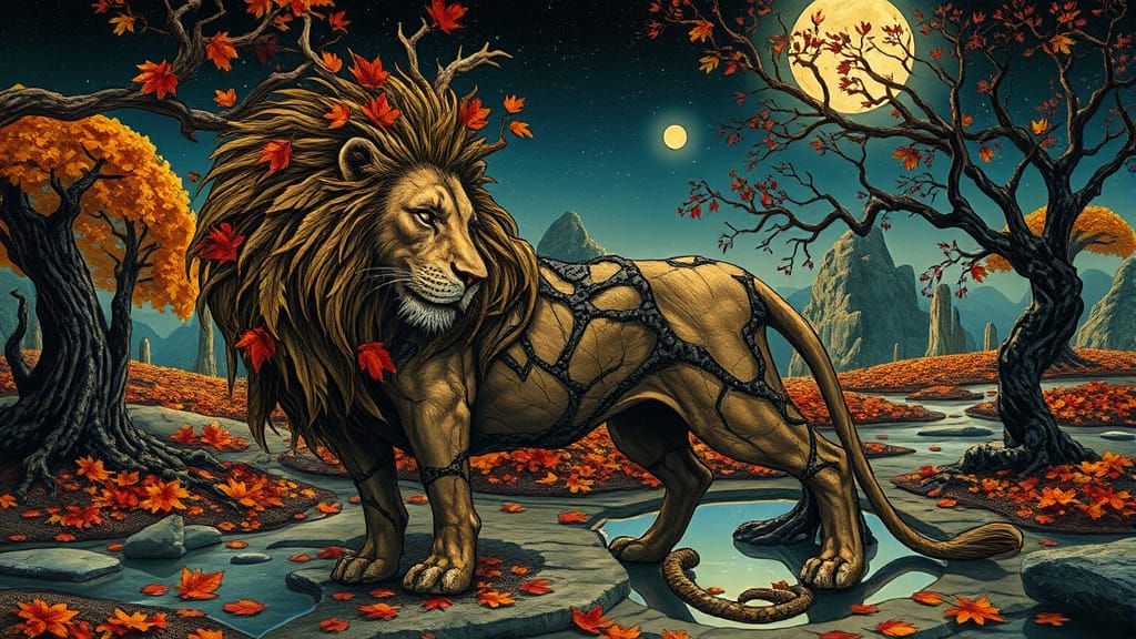Shattered Autumn Lion in Surreal Art Nouveau Landscape