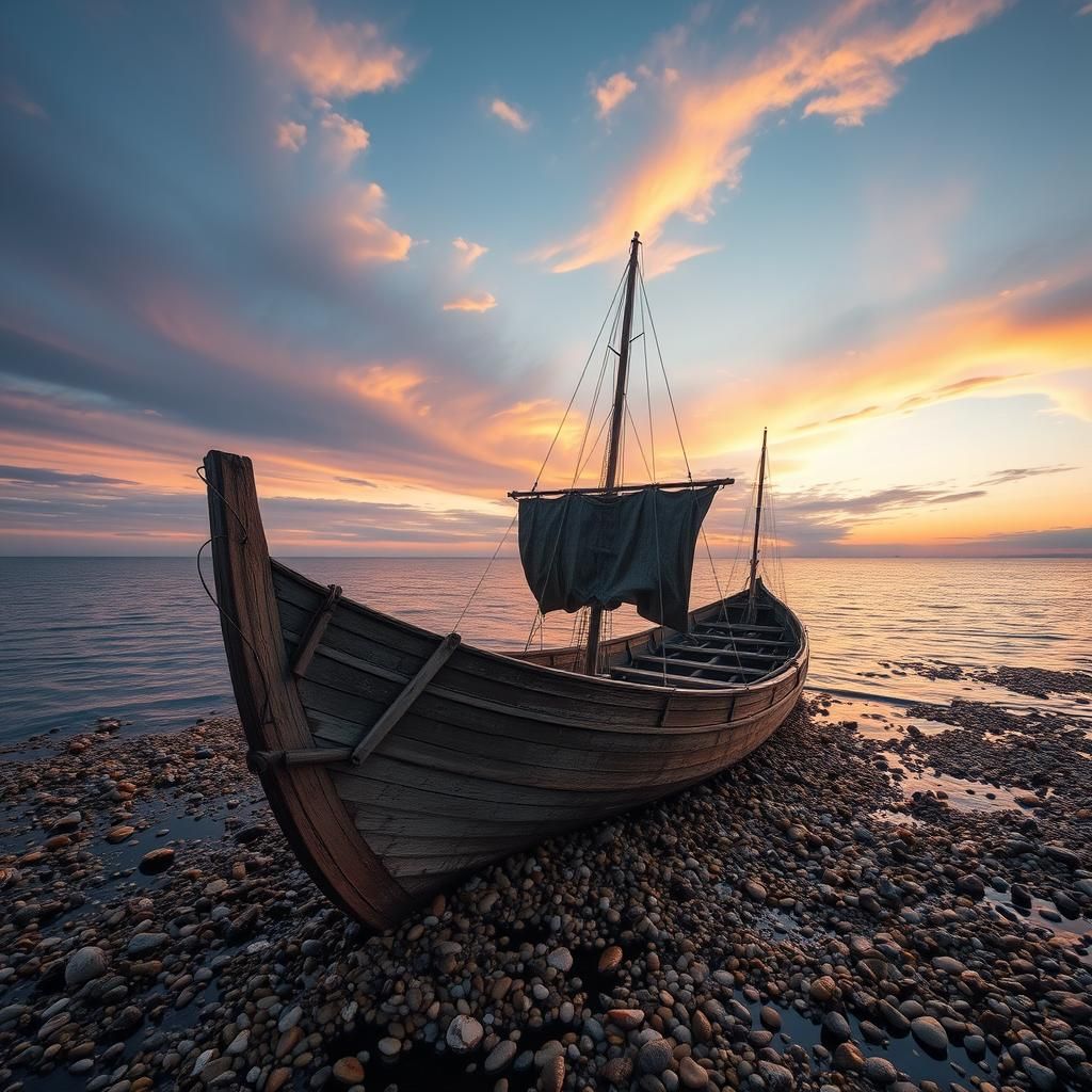 Wooden Boat on Shore at Twilight: Photographic Realism