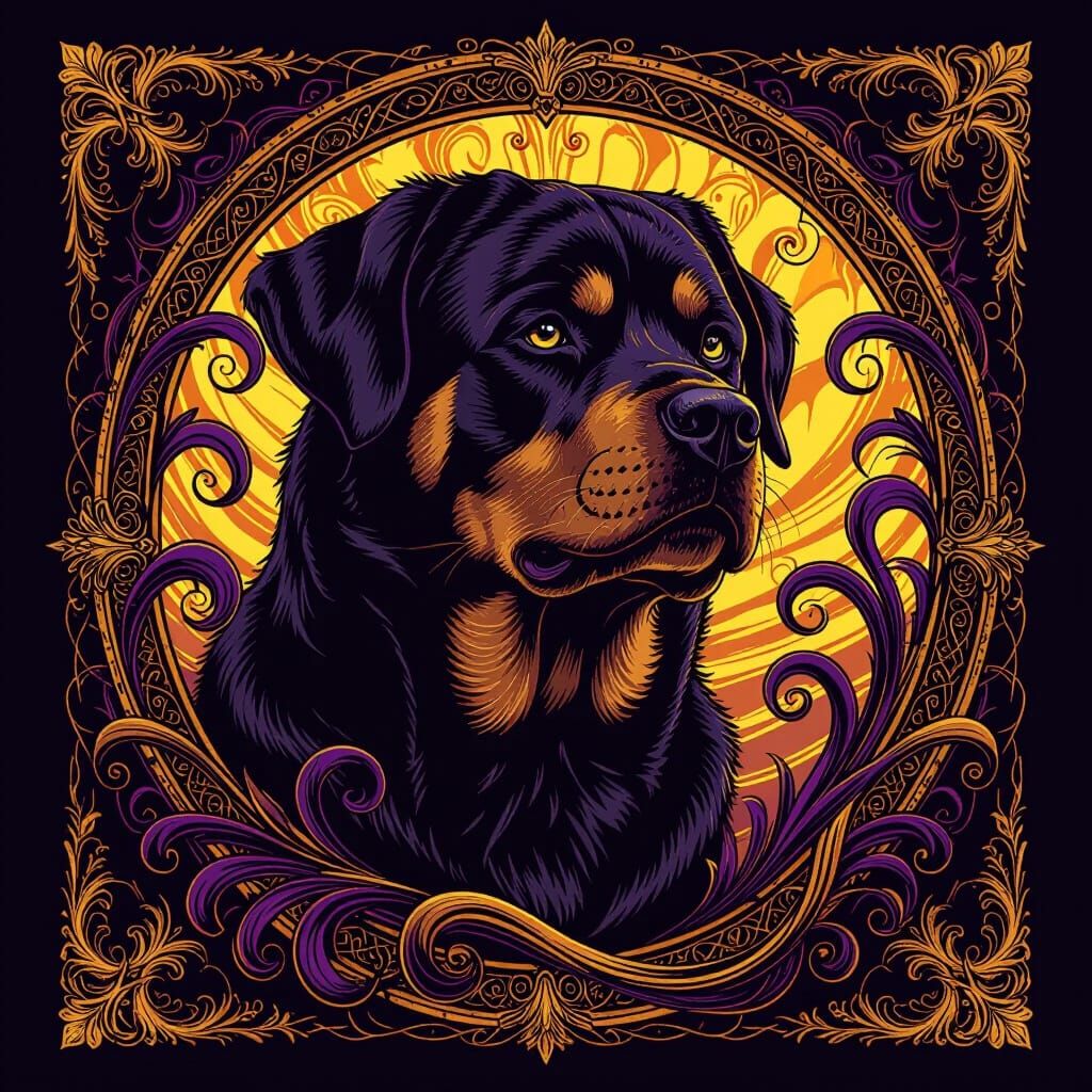 Majestic Rottweiler T-Shirt Design in Dark Fantasy Style