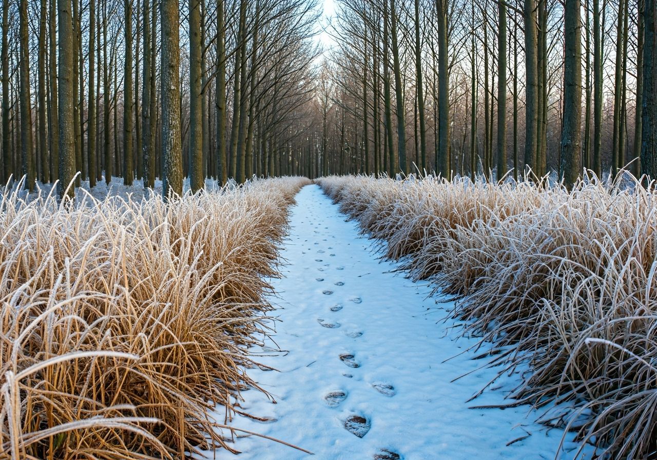 Winter Frost Landscape with Frozen Leaves
