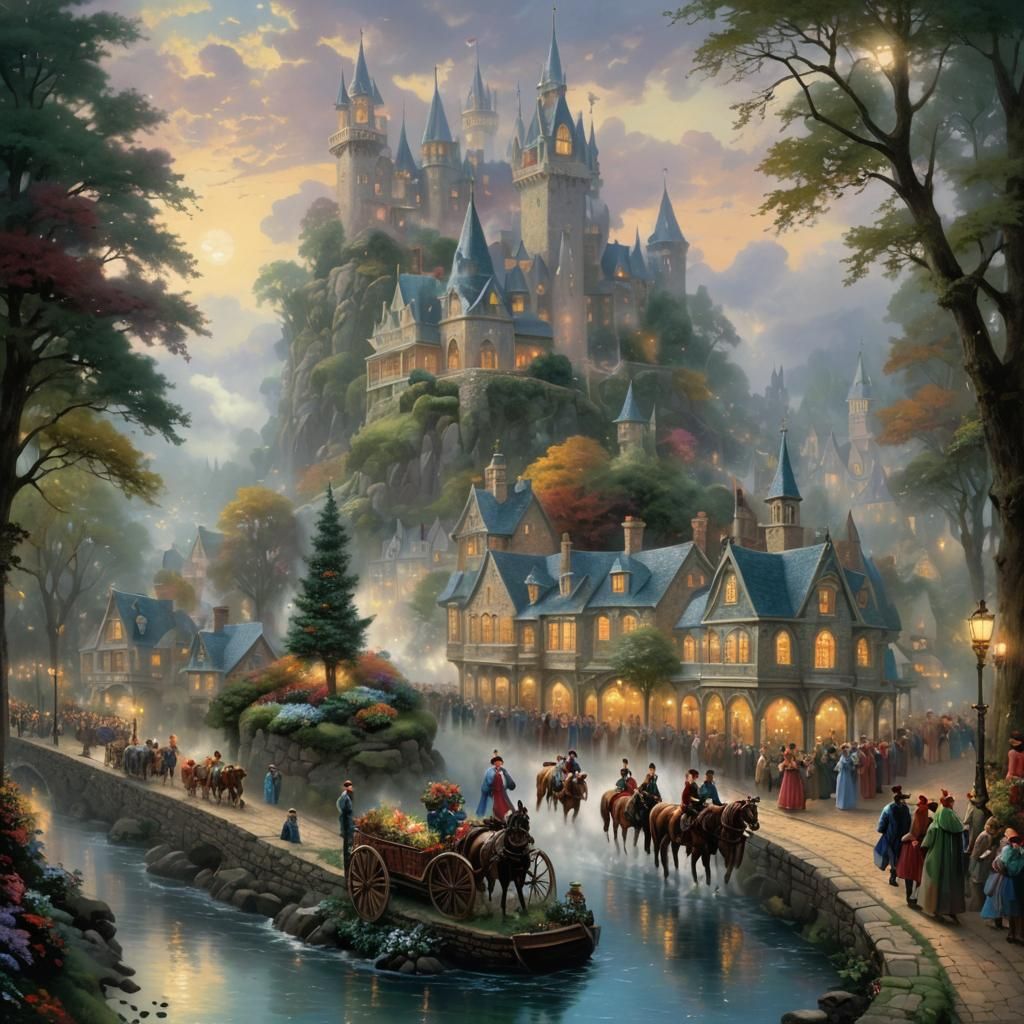 Ethereal Procession of Nobles in Fantasy Mist