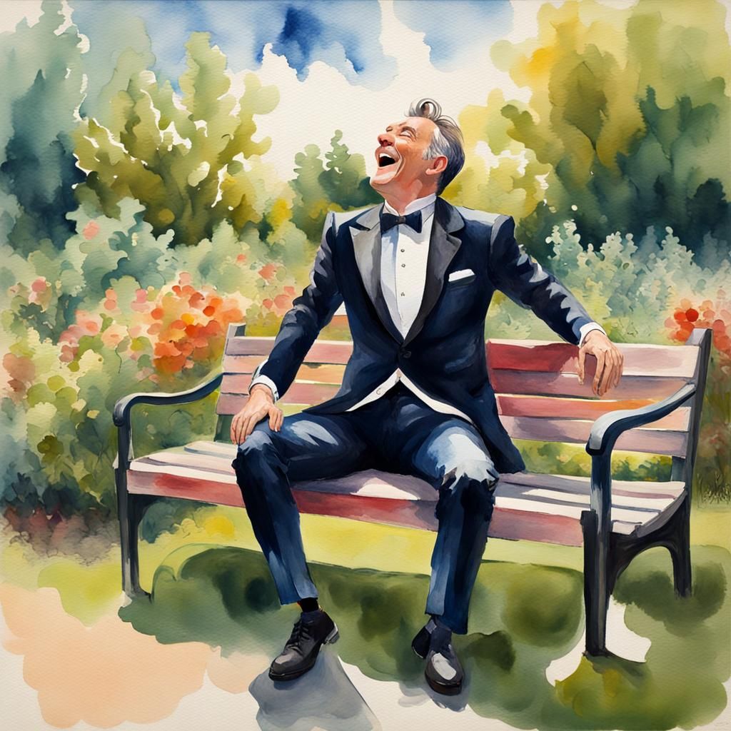 Laughing Man in Garden, Gouache Watercolor Painting