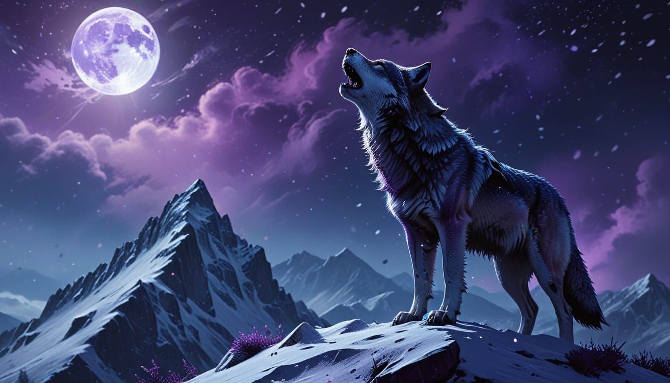 Lone Wolf Howling at Moon, a Digital Painting