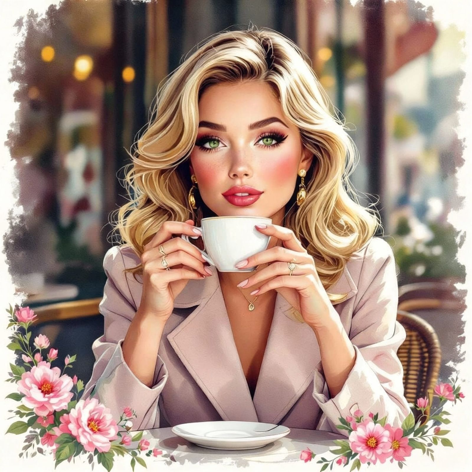 Elegant 1960s Woman Enjoys Coffee Outdoors
