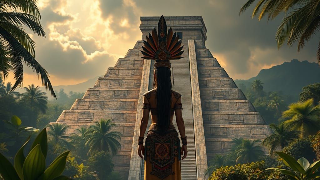 Aztec Priestess Before Sacred Pyramid in Jungle