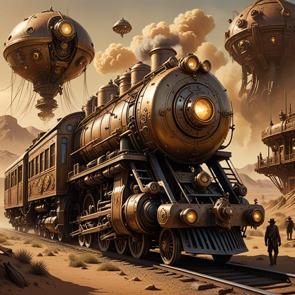 Steampunk Alien Train Robbery in Wild West Concept Art