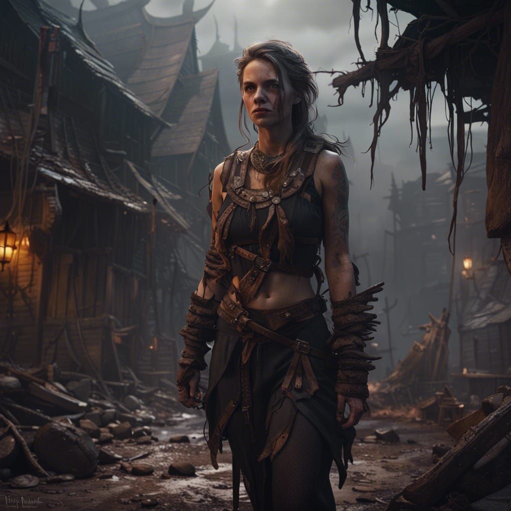 Young Warrior in War-Torn Village, Fantasy Art