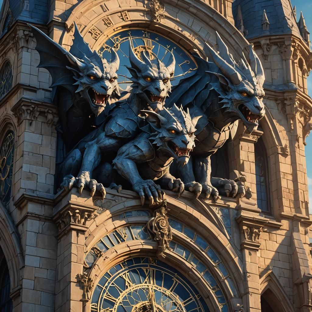 Gothic Gargoyles Perched Atop Clock Tower