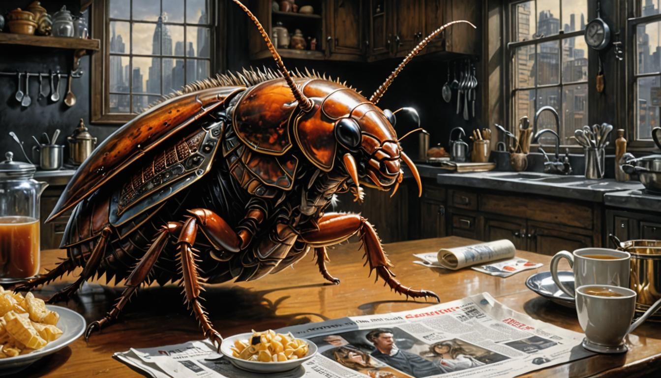 Hyperrealistic Cockroach Reads Newspaper in Dark Kitchen
