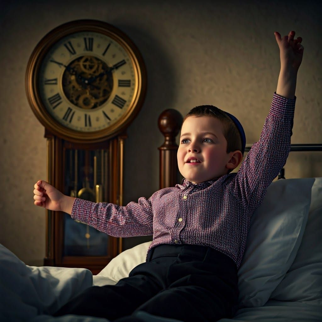 Boy in Red Stretching in Bed, Photorealistic Style