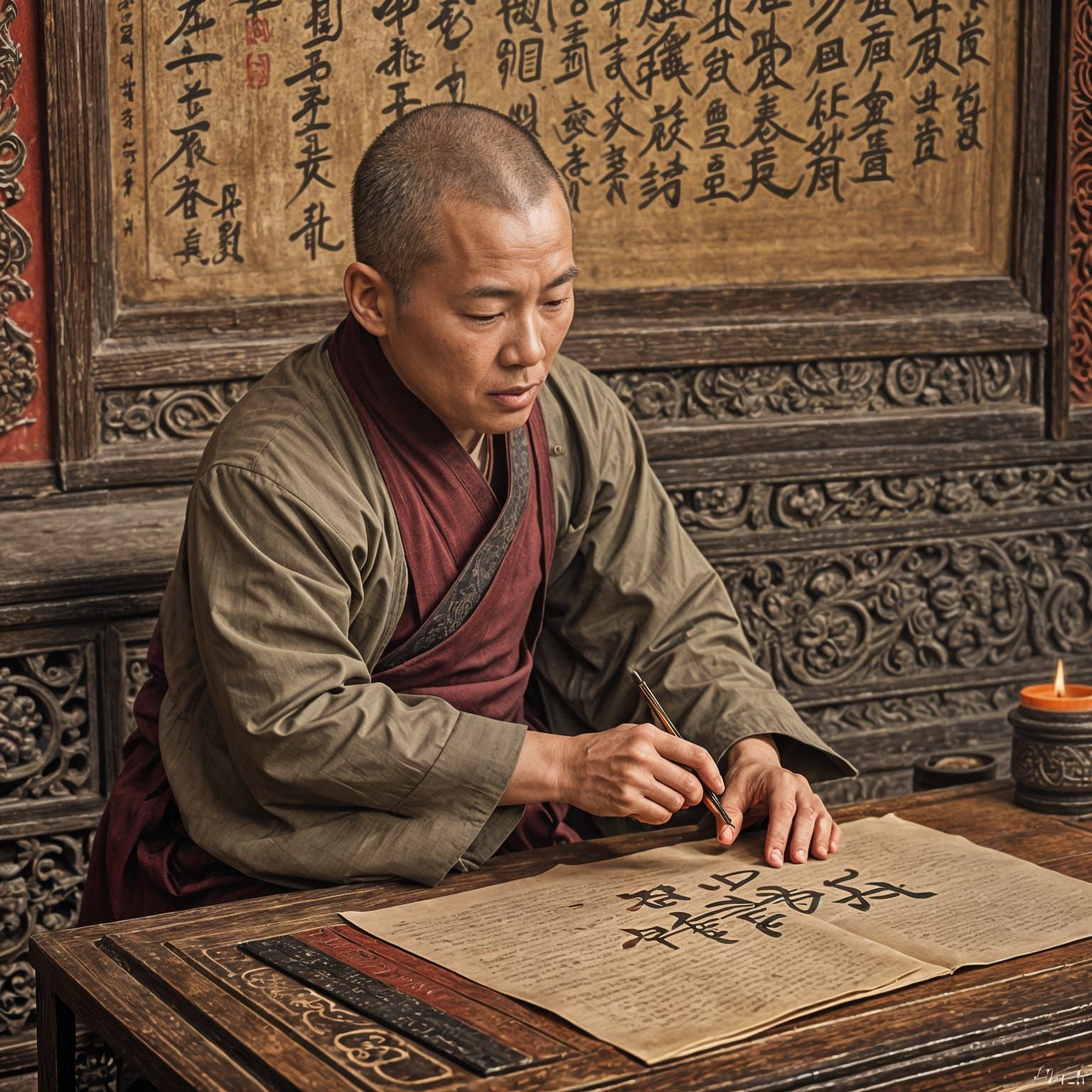 Chinese Monk Writing Calligraphy in Temple