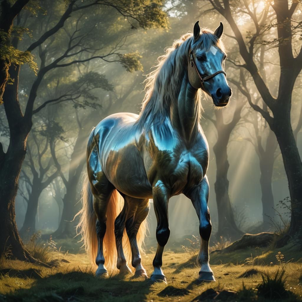 Majestic Horse in Sunlit Glade: Fantasy Concept Art
