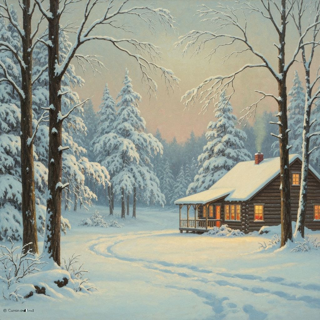 Snowy Cabin in Winter Landscape Style