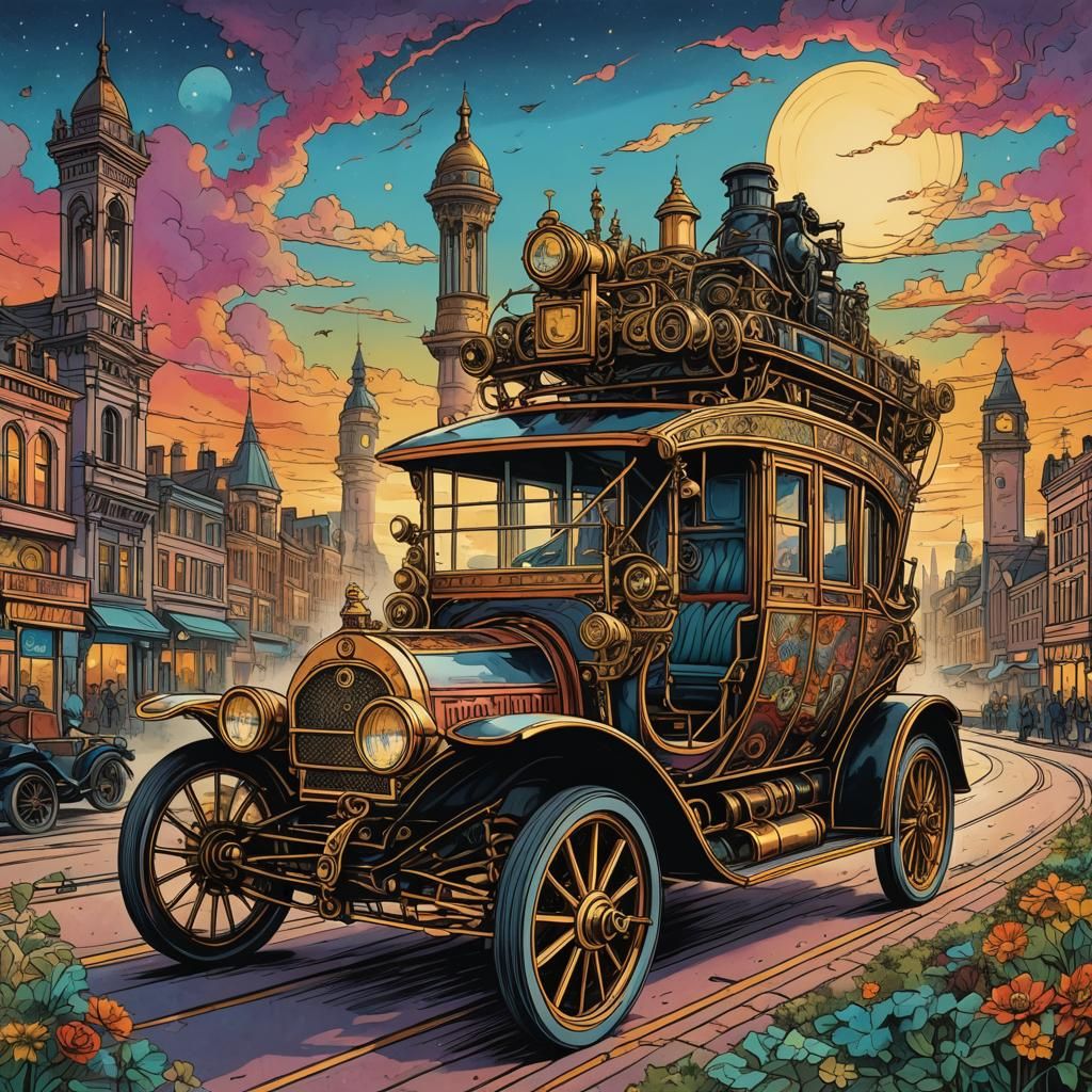 Dramatic Steampunk Car Fall in Vibrant Cityscape