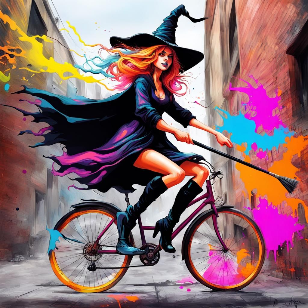 Colorful Witch Rides Broom in Graffiti Art Style