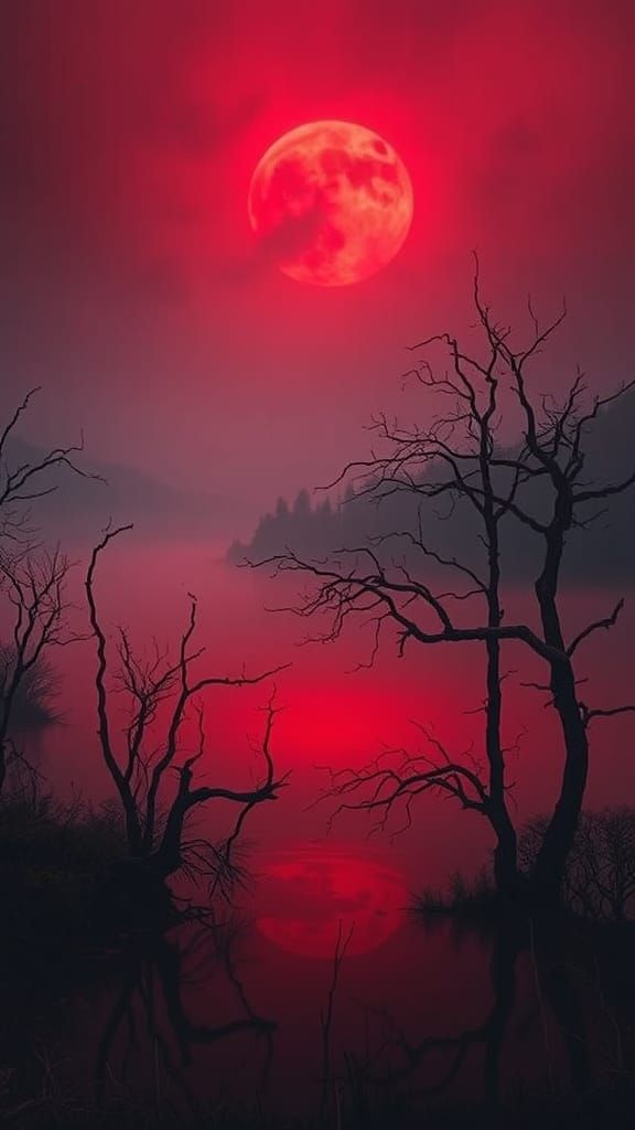 Mysterious Red Lake Under Dark Sky in Cinematic Style
