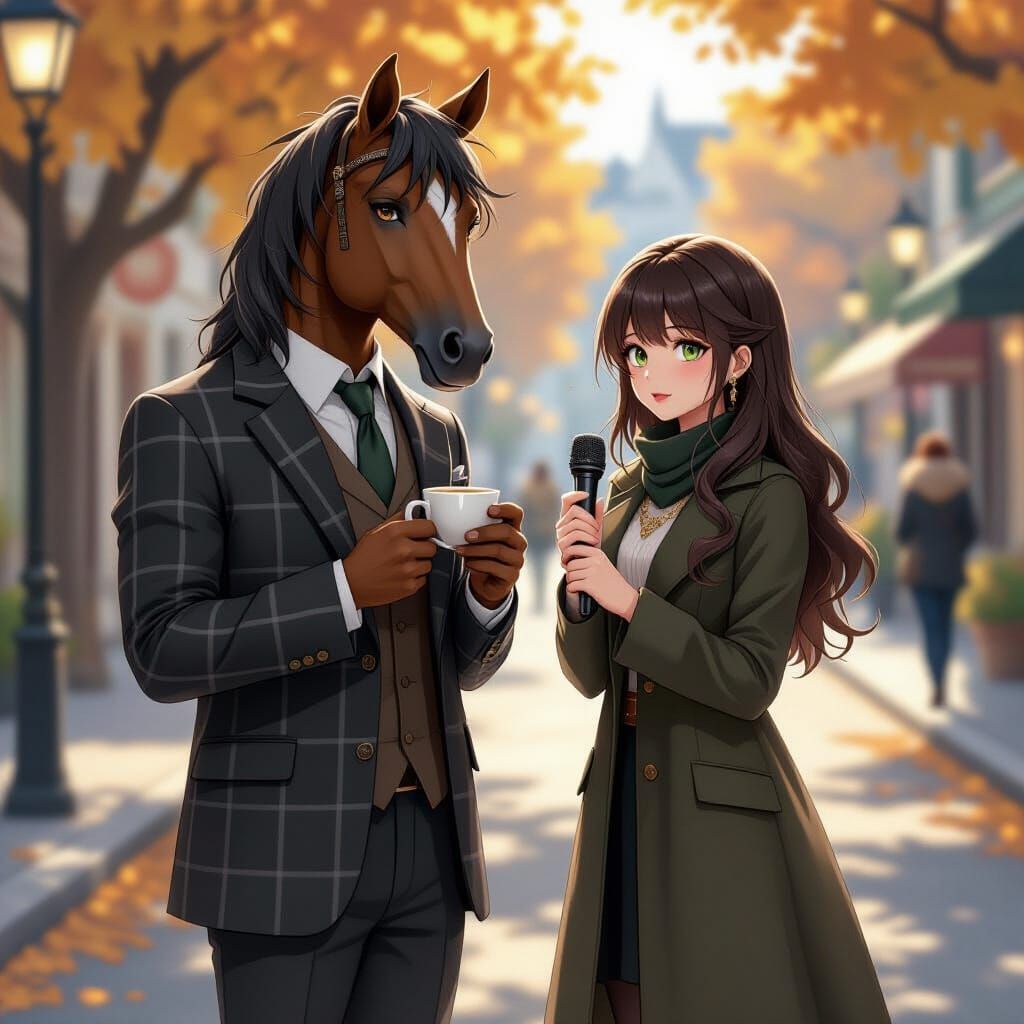Anime Fairytale Creature: Horse-Headed Man on Autumn Street