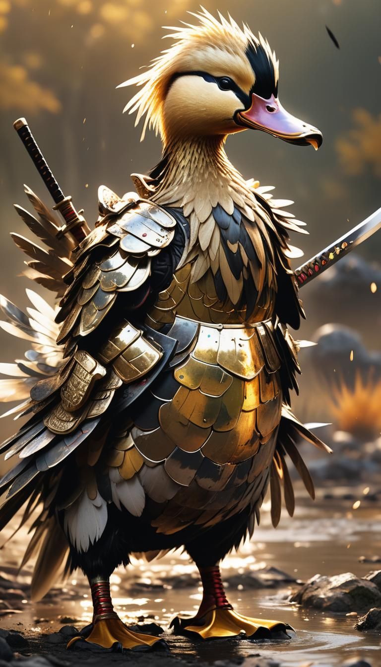 Samurai Duck on Battlefield in Hyperrealistic Style