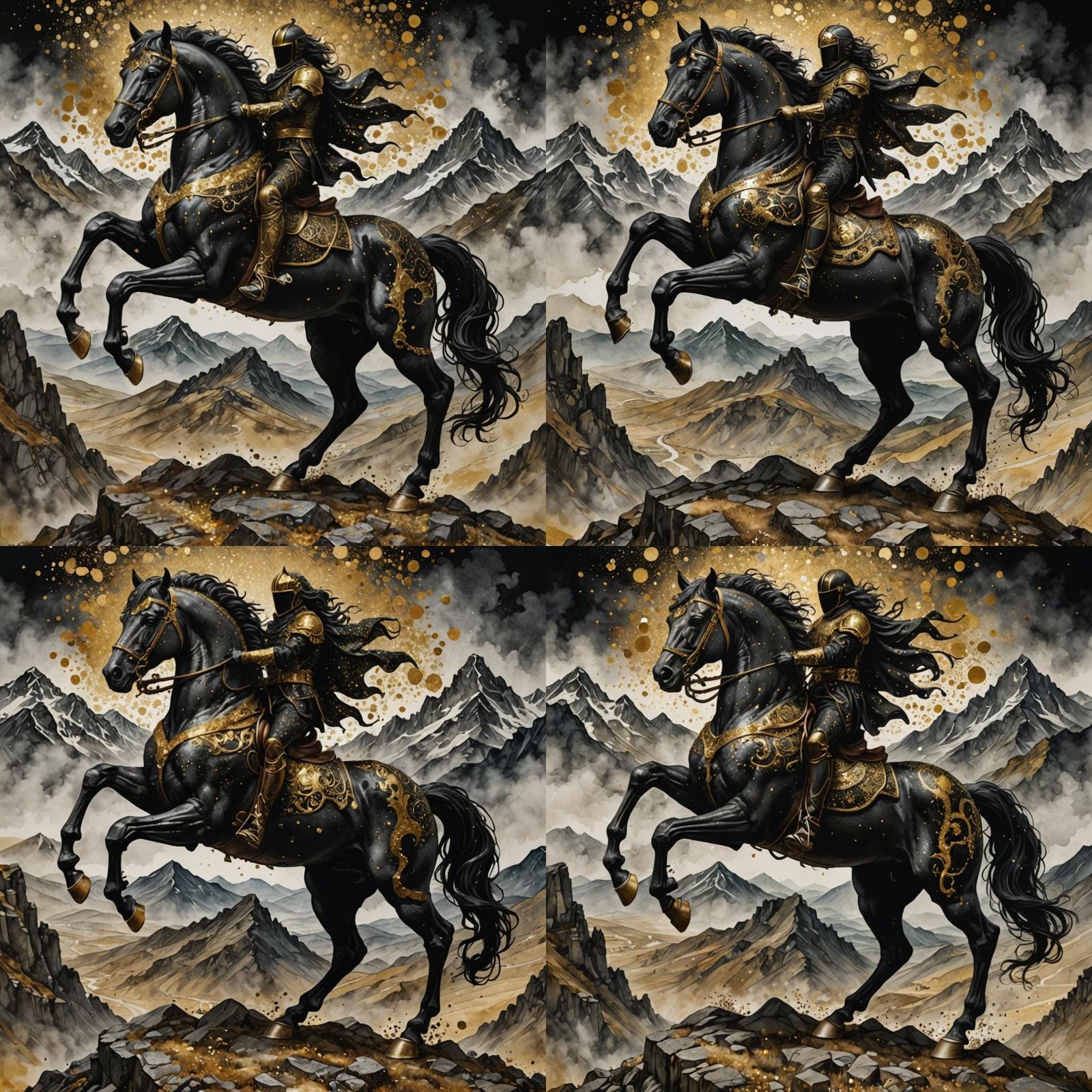 Golden Knight on Horseback in Pointillism Style