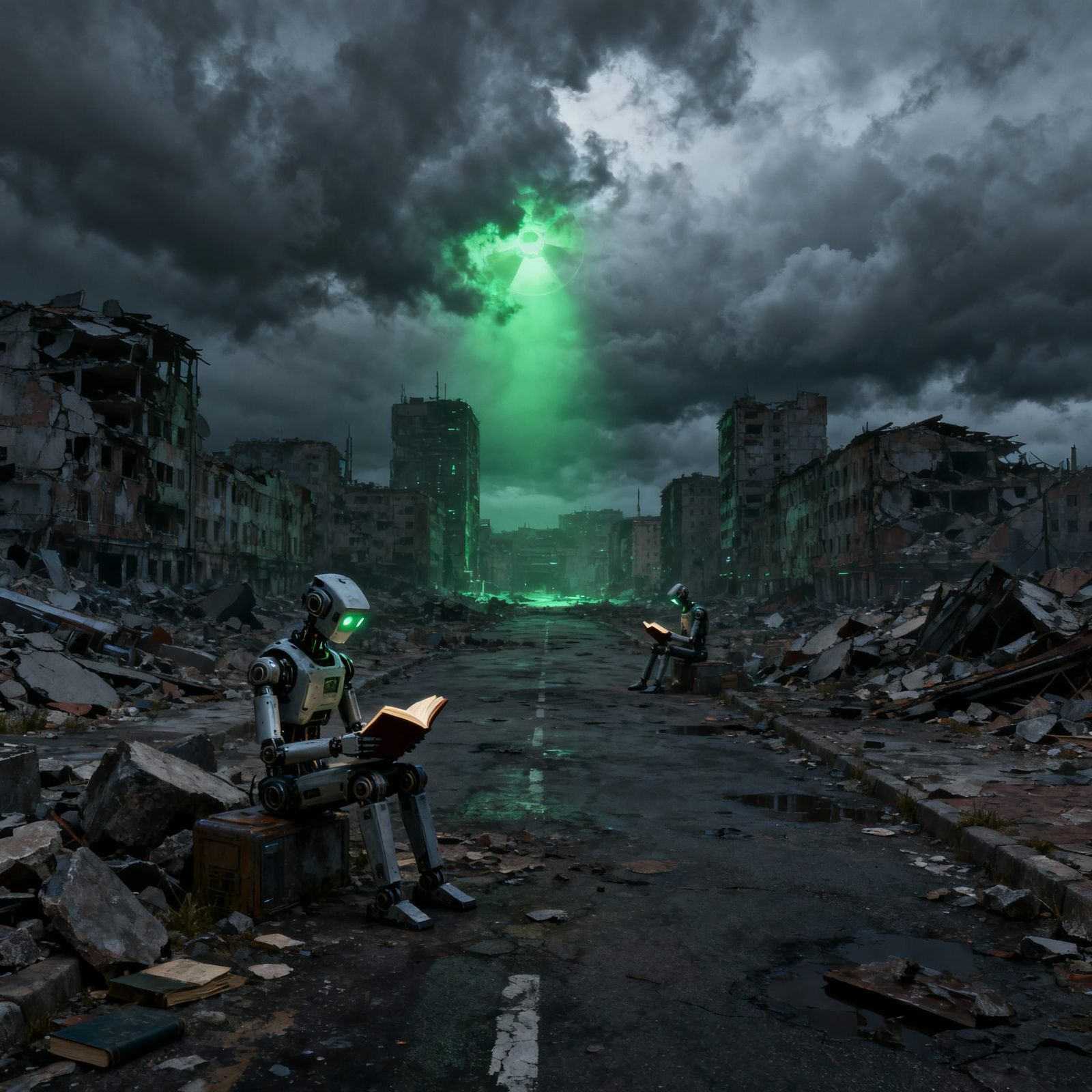 Dystopian Robots Reading in Ruined City