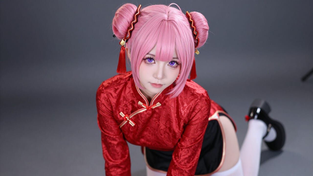 Anime Woman Portrait with Pink Hair and Cheongsam