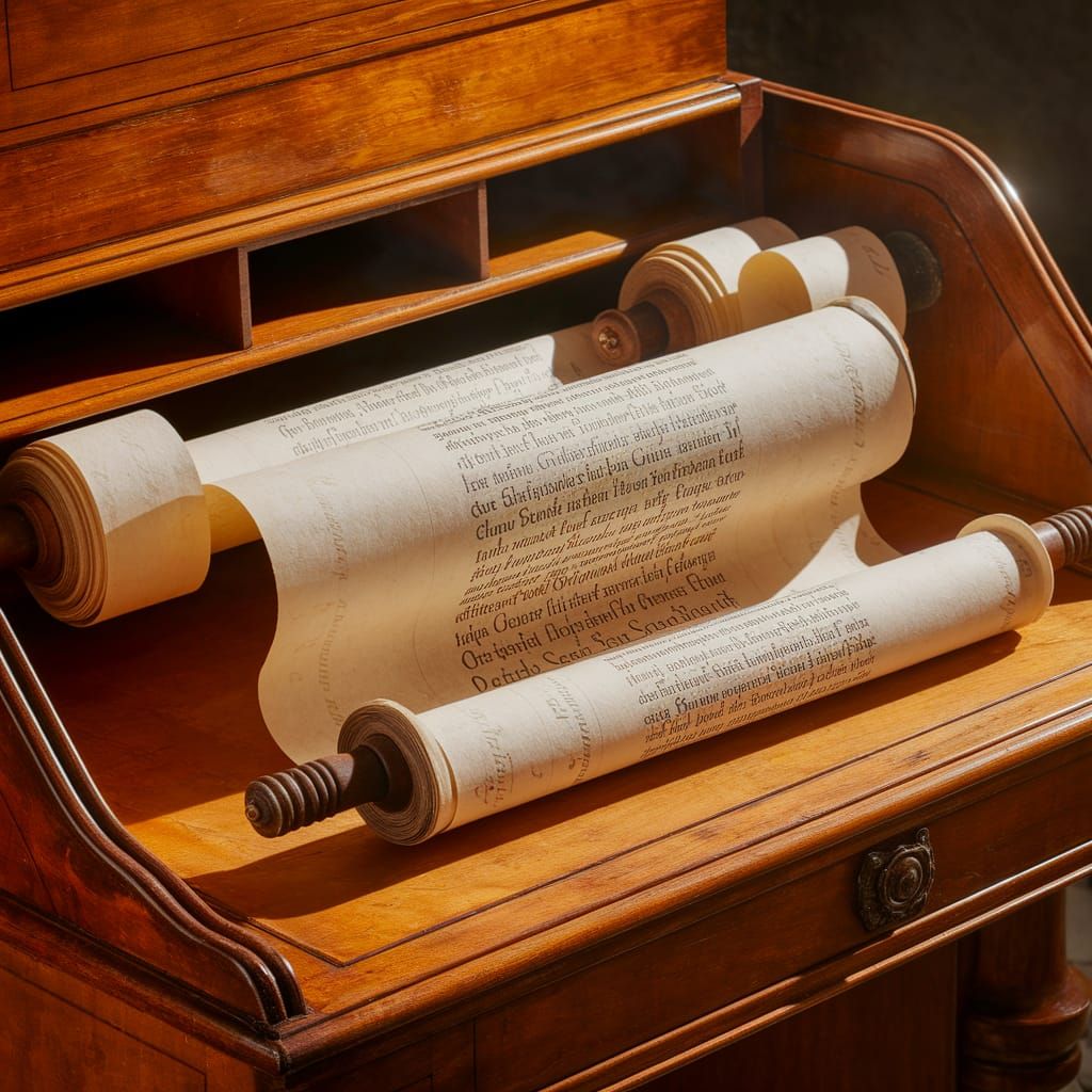 Ancient Scroll Unfurled on Oak Desk in Golden Light