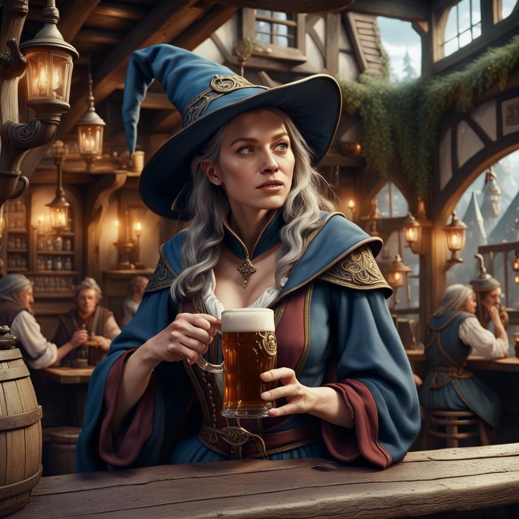 Wizard Woman Drinking Ale in a Tavern