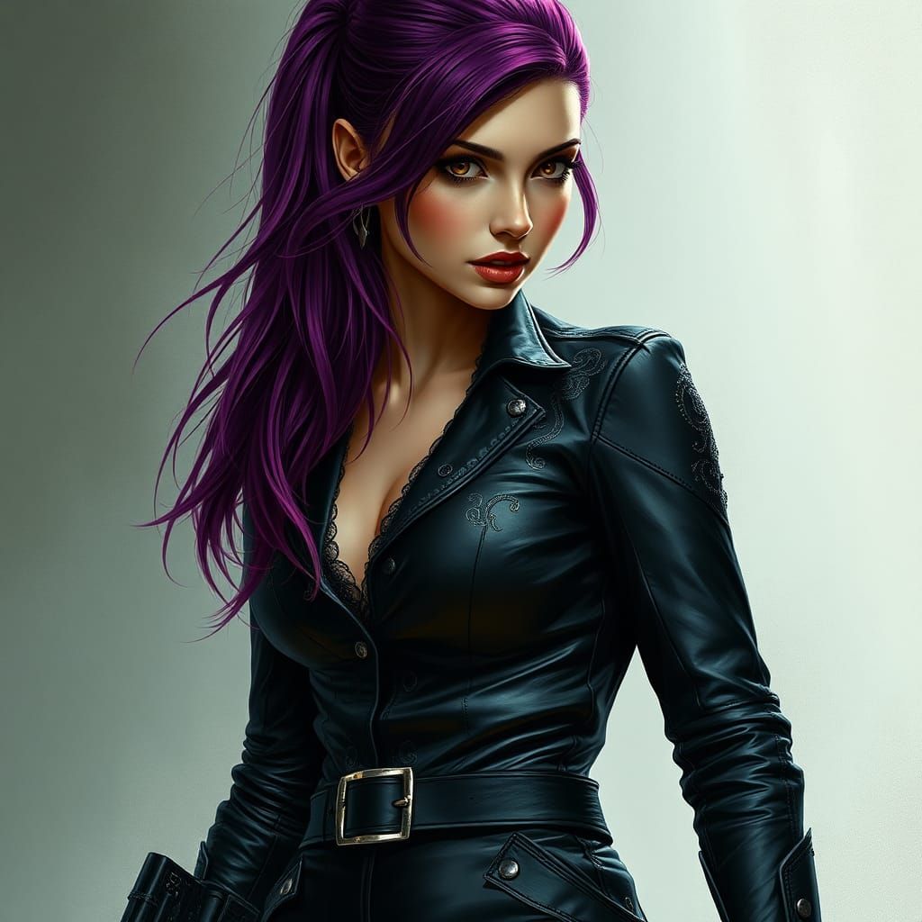 Futuristic Assassin with Plum Hair in Leather Jumpsuit